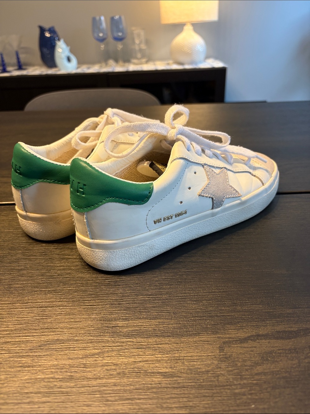 Vintage Havana Epic-White Sneakers with Green Heel and Silver Star